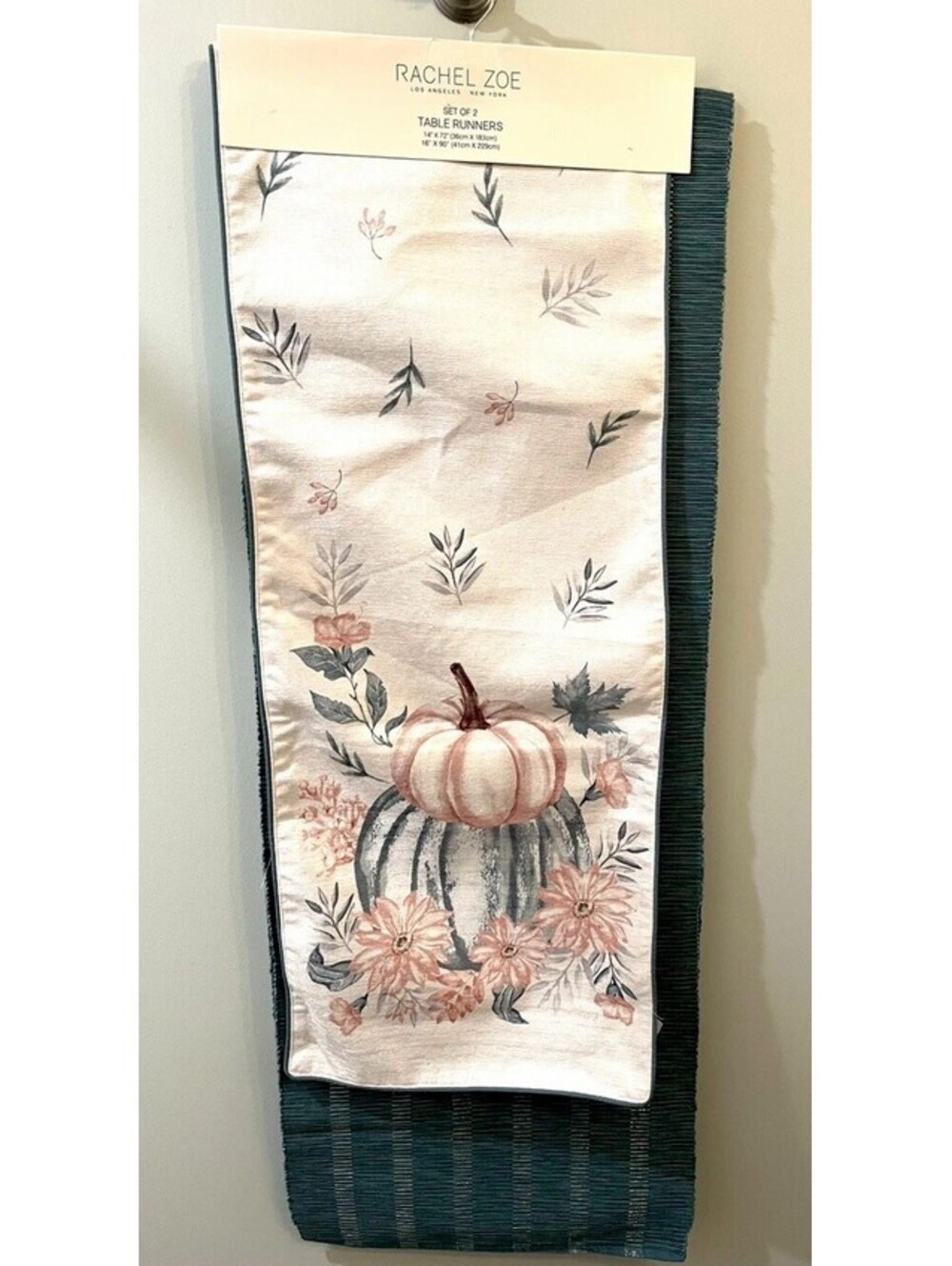Set Of 2 Rachel Zoe Pumpkin Table Runners Teal Blue Thanksgiving Fall Autumn NWT